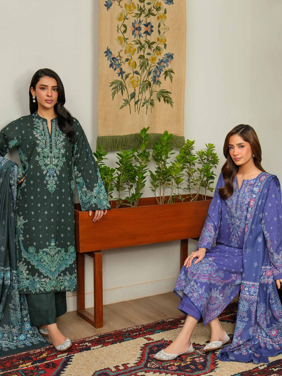 Plum Khaddar 3-Piece Suit | Resham Floral Border