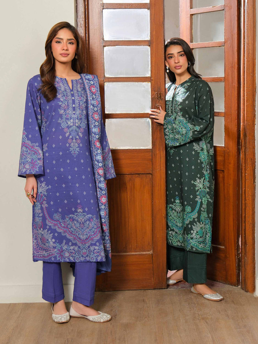 Plum Khaddar 3-Piece Suit | Resham Floral Border