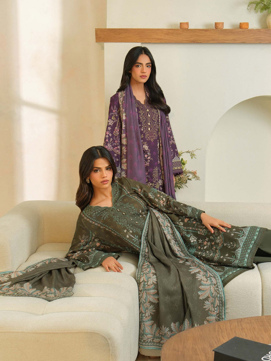 Sage Green Khaddar 3-Piece Suit | Floral Resham Embroidery