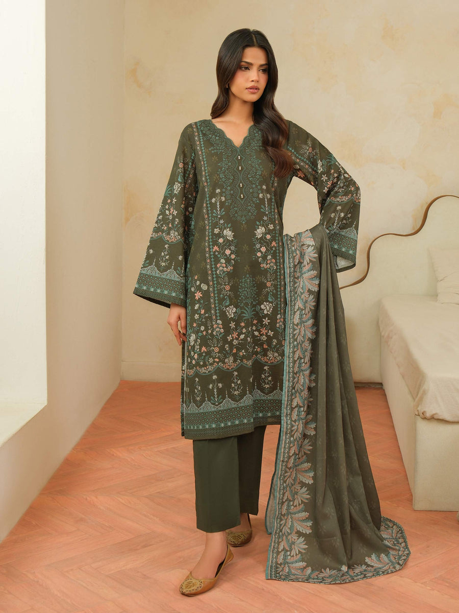 Sage Green Khaddar 3-Piece Suit | Floral Resham Embroidery