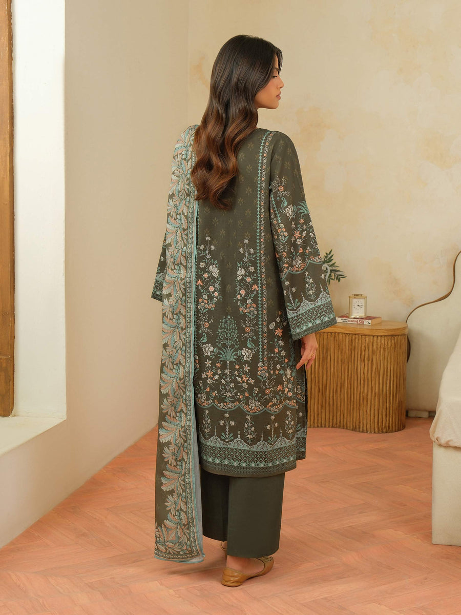 Sage Green Khaddar 3-Piece Suit | Floral Resham Embroidery