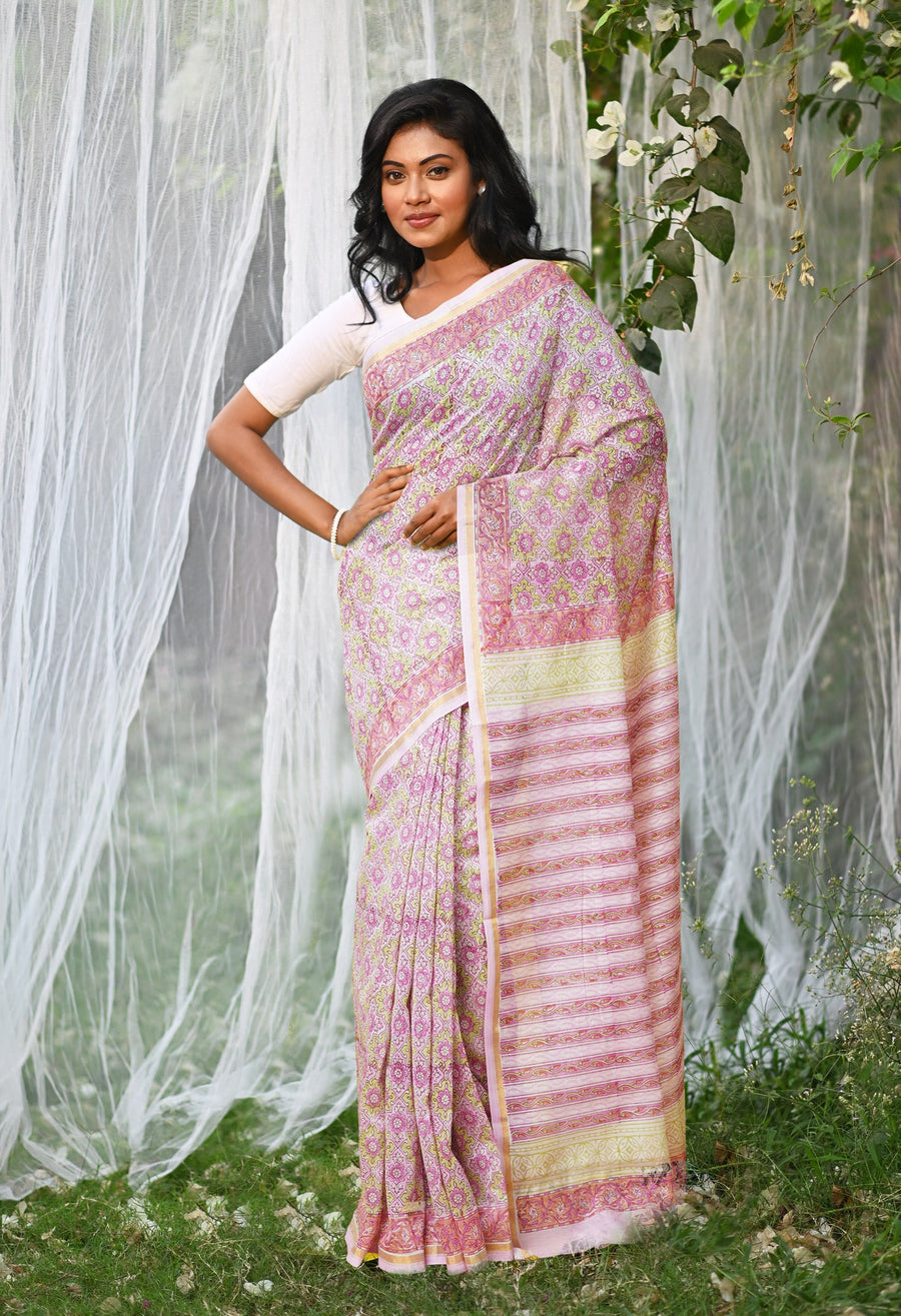 Pastel Pink Pure Hand Block Printed Chanderi Sico Saree-UNM77951 - Pehnaawaa