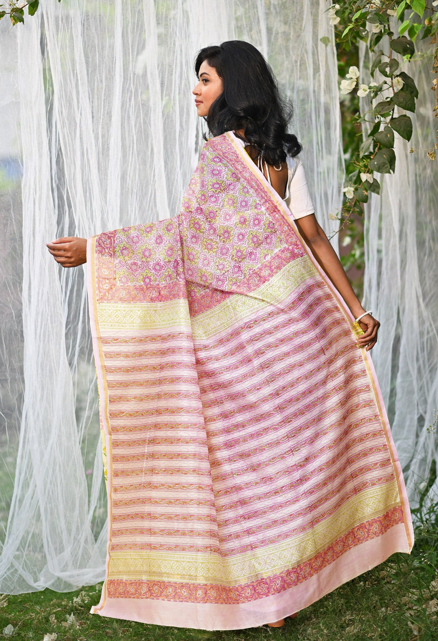 Pastel Pink Pure Hand Block Printed Chanderi Sico Saree-UNM77951 - Pehnaawaa