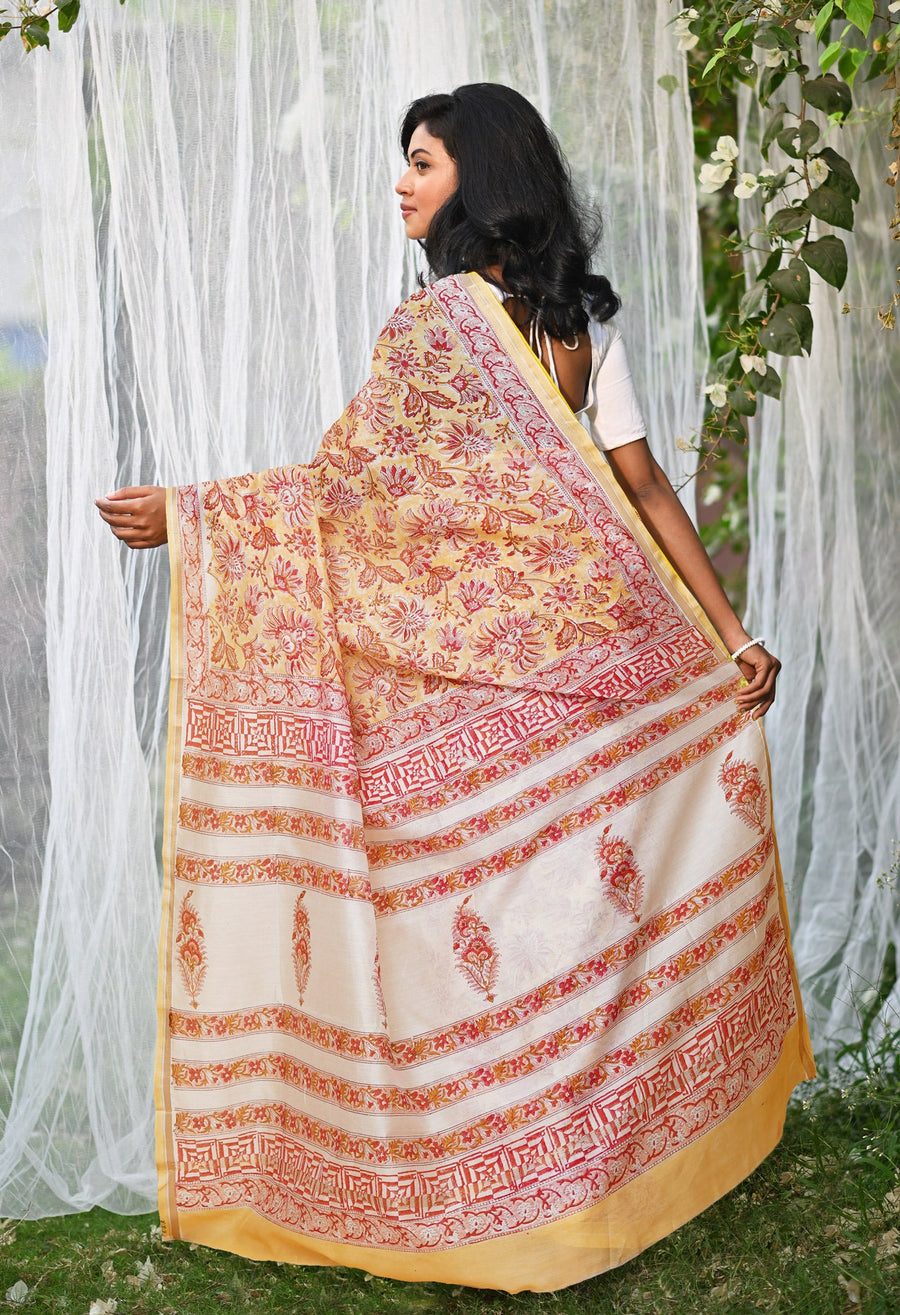 Pastel Orange Pure Hand Block Printed Chanderi Sico Saree-UNM77955 - Pehnaawaa