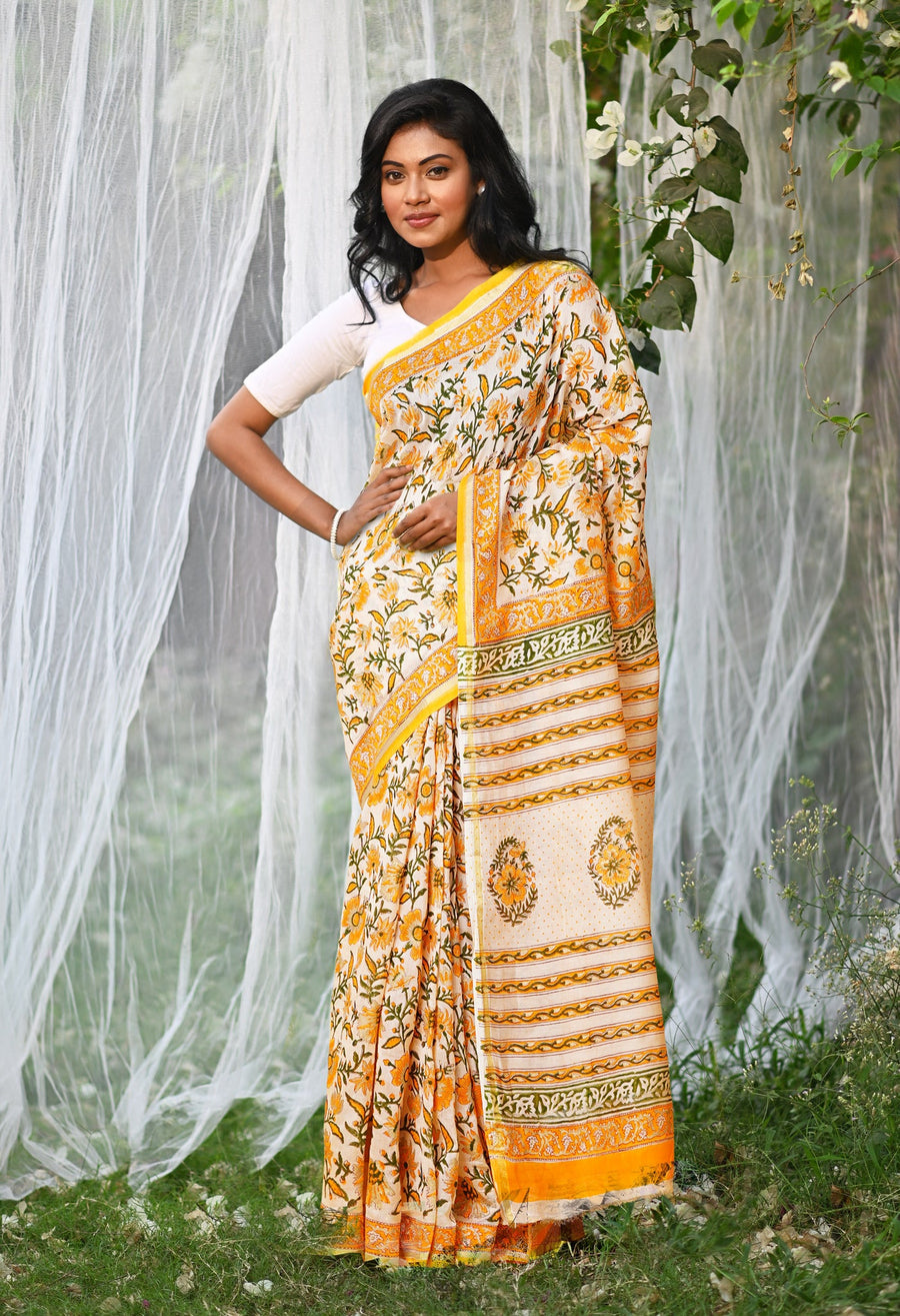 Orange Pure Hand Block Printed Chanderi Sico Saree-UNM79365 - Pehnaawaa