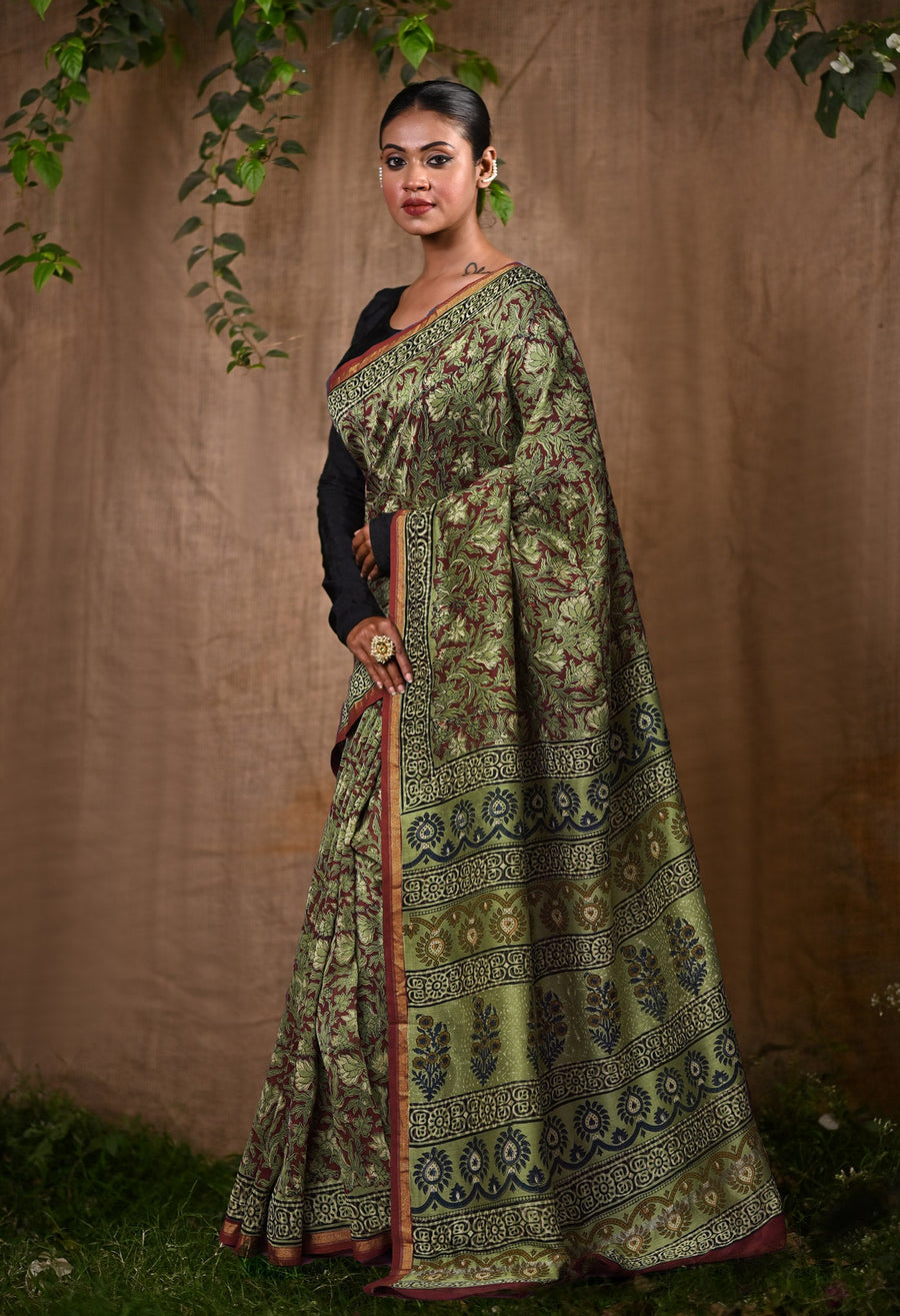 Red Pure Bagru Block Printed Chanderi Sico Saree-UNM82649 - Pehnaawaa