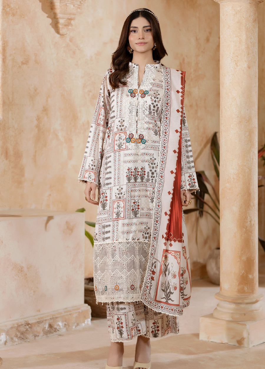 Front view of woman wearing embroidered floral lawn suit with printed dupatta and matching trousers, standing in neutral background