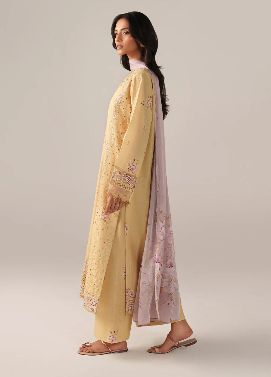 Side view of woman in embroidered lawn suit showing detailed embroidery on sleeves and dupatta draped over shoulder.