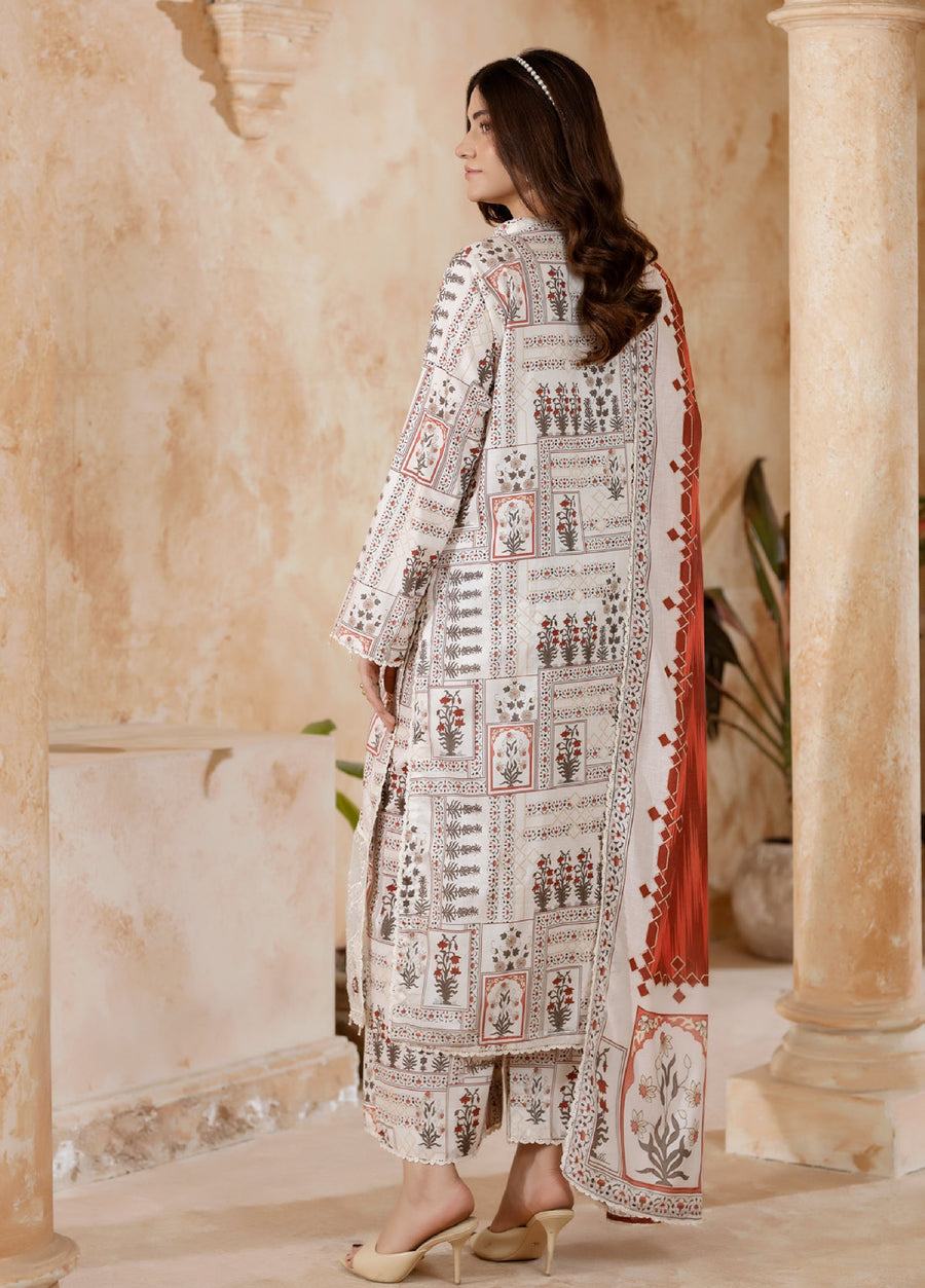 Back view of woman showcasing printed floral lawn suit and dupatta with geometric and floral patterns, beige heels