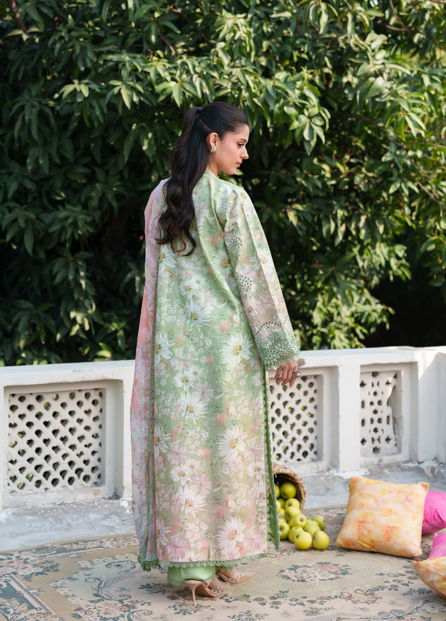 Back view of the same pastel green floral embroidered suit showing the full length with matching straight pants and peach chiffon dupatta