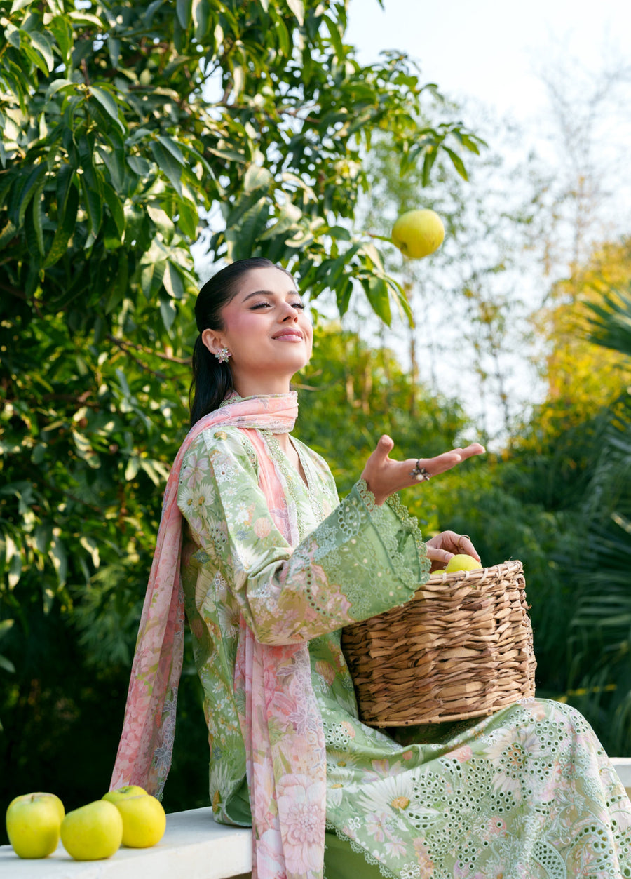 Woman seated holding a basket of green apples while wearing the embroidered pastel green suit with peach floral dupatta, surrounded by cushions and greenery