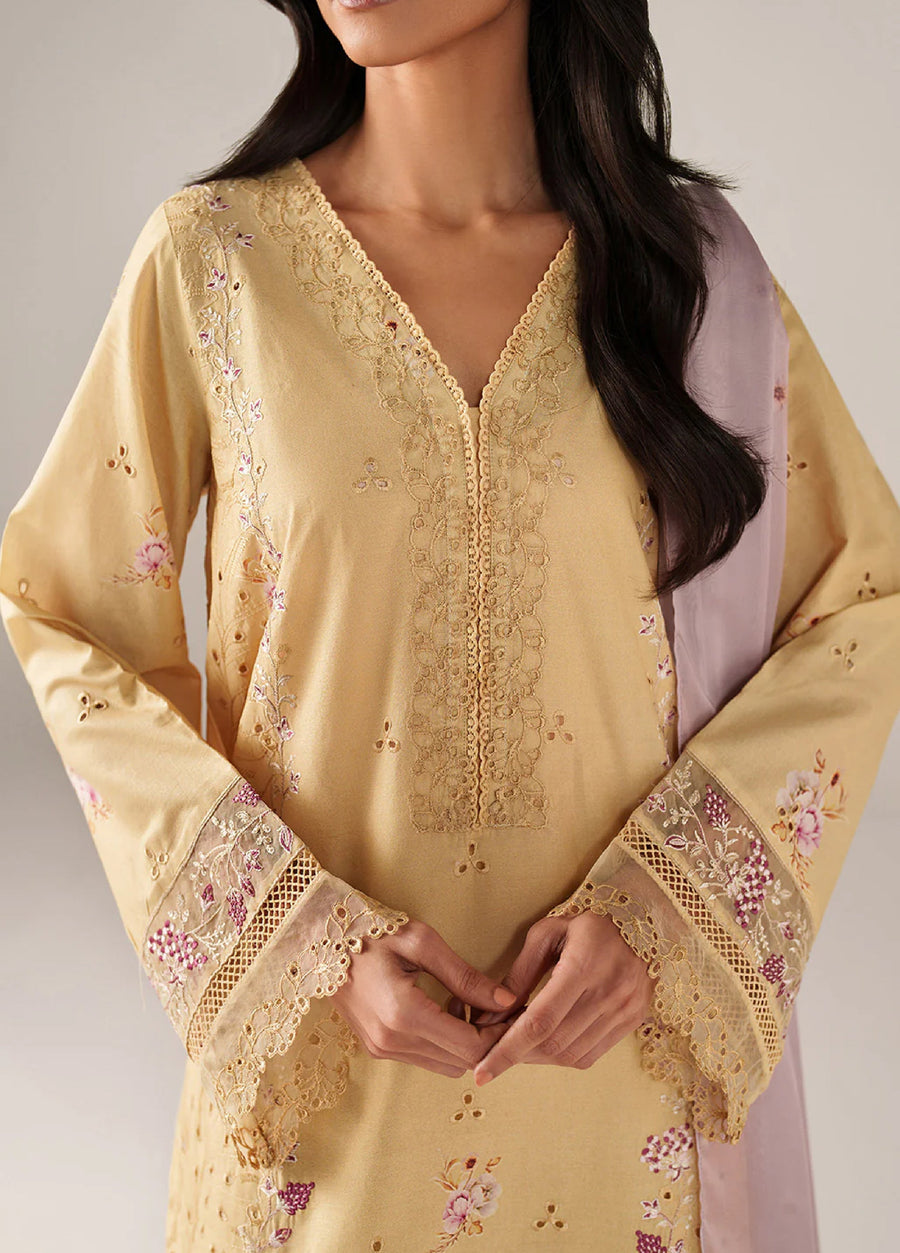 Close-up of neckline and embroidered cuffs featuring detailed floral embroidery and lace accents on pastel yellow fabric.