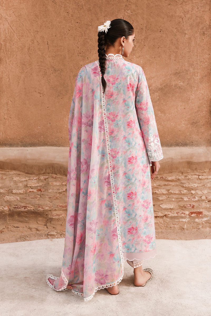 Back view of woman in pastel floral embroidered lawn suit showing floral print and lace edging on dupatta