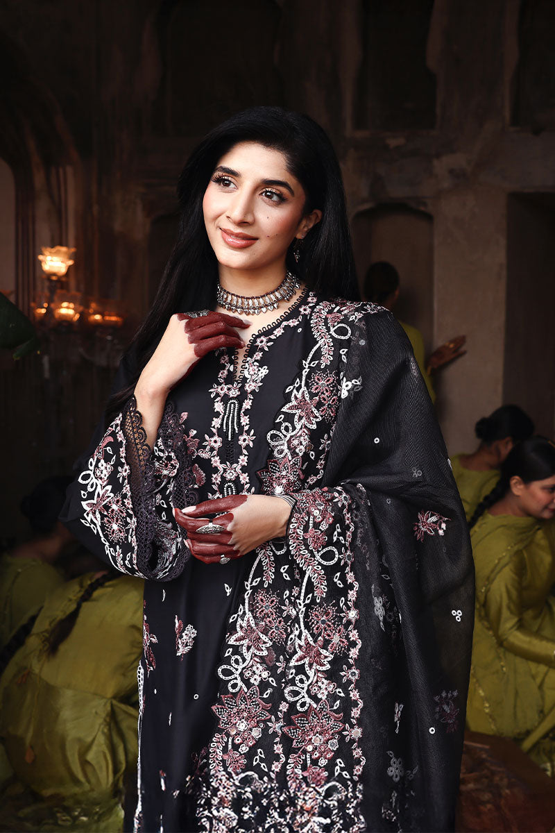 Front close-up showing neckline and chest embroidery with the embroidered dupatta draped over shoulders, highlighting the floral pattern.