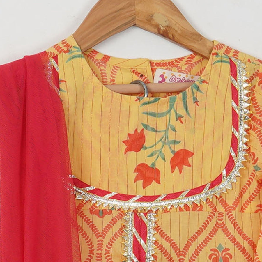 Girls Yellow Floral Yoke Kurti with Floral Sharara and Dupatta (3 Piece)