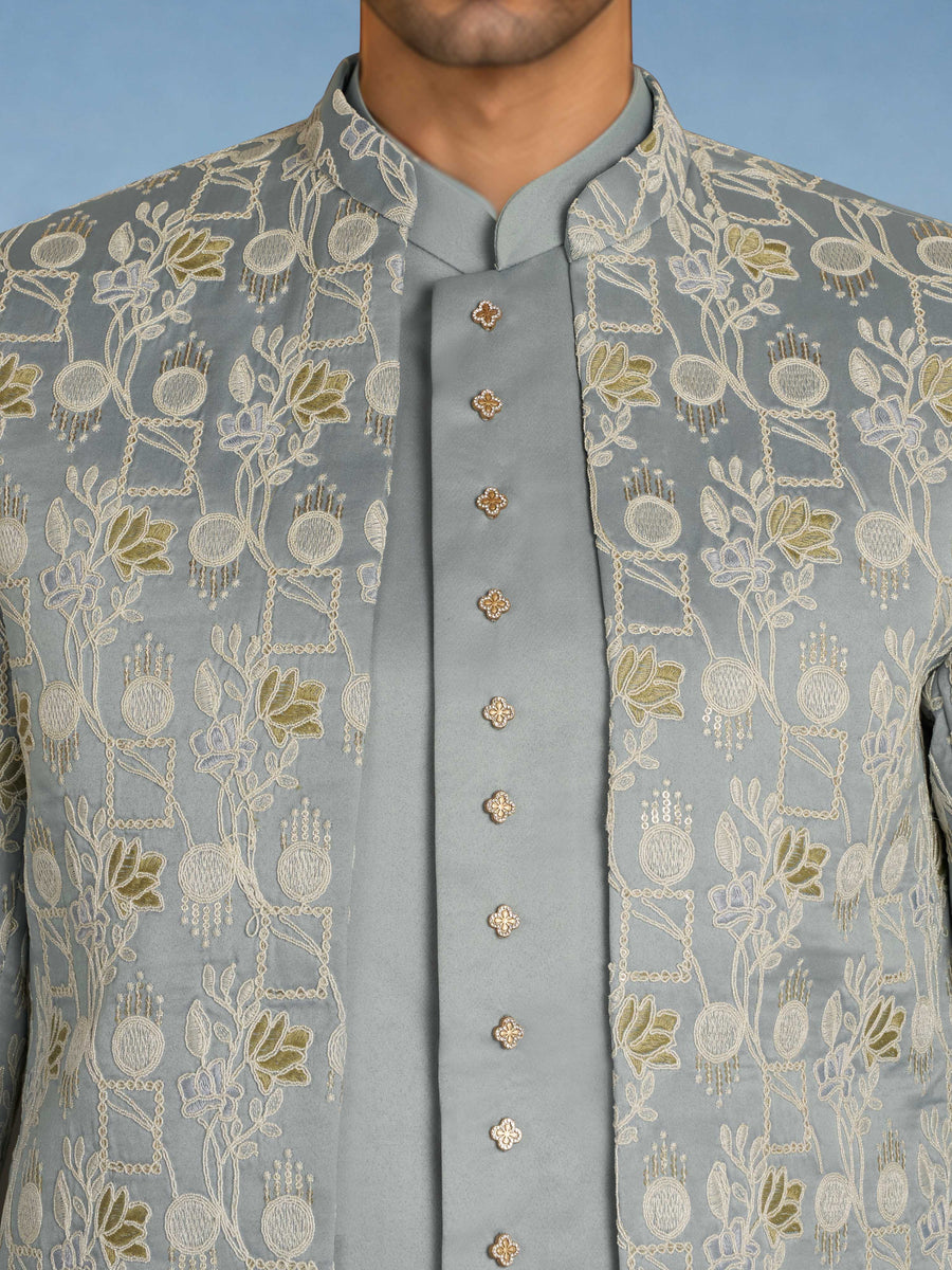 Men Aqua Embroidered Zari Work Waist Length Wide Leg Pant Sherwani Set