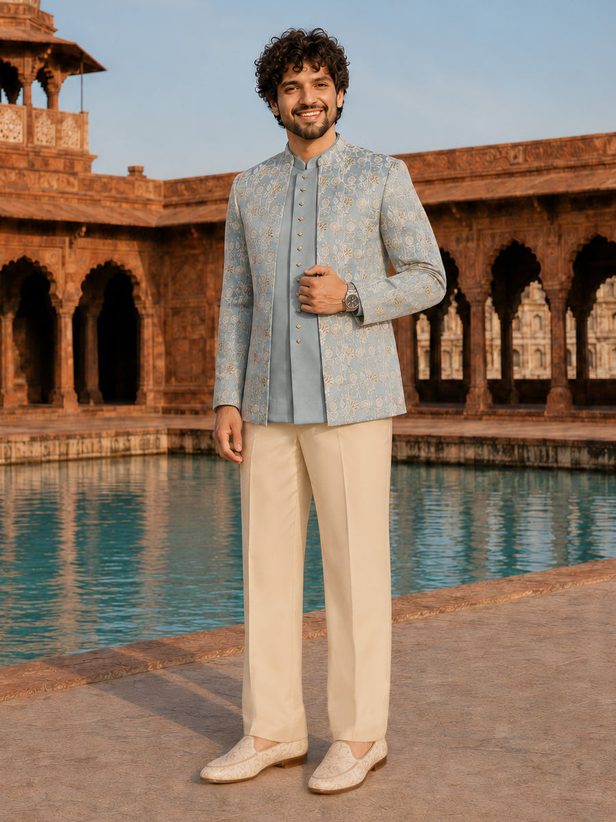 Men Aqua Embroidered Zari Work Waist Length Wide Leg Pant Sherwani Set