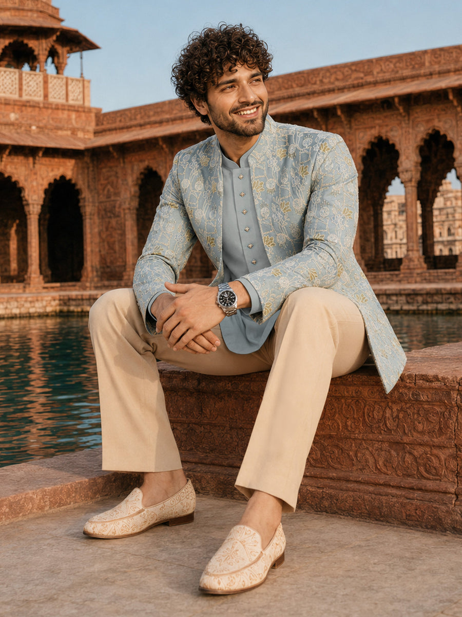 Men Aqua Embroidered Zari Work Waist Length Wide Leg Pant Sherwani Set