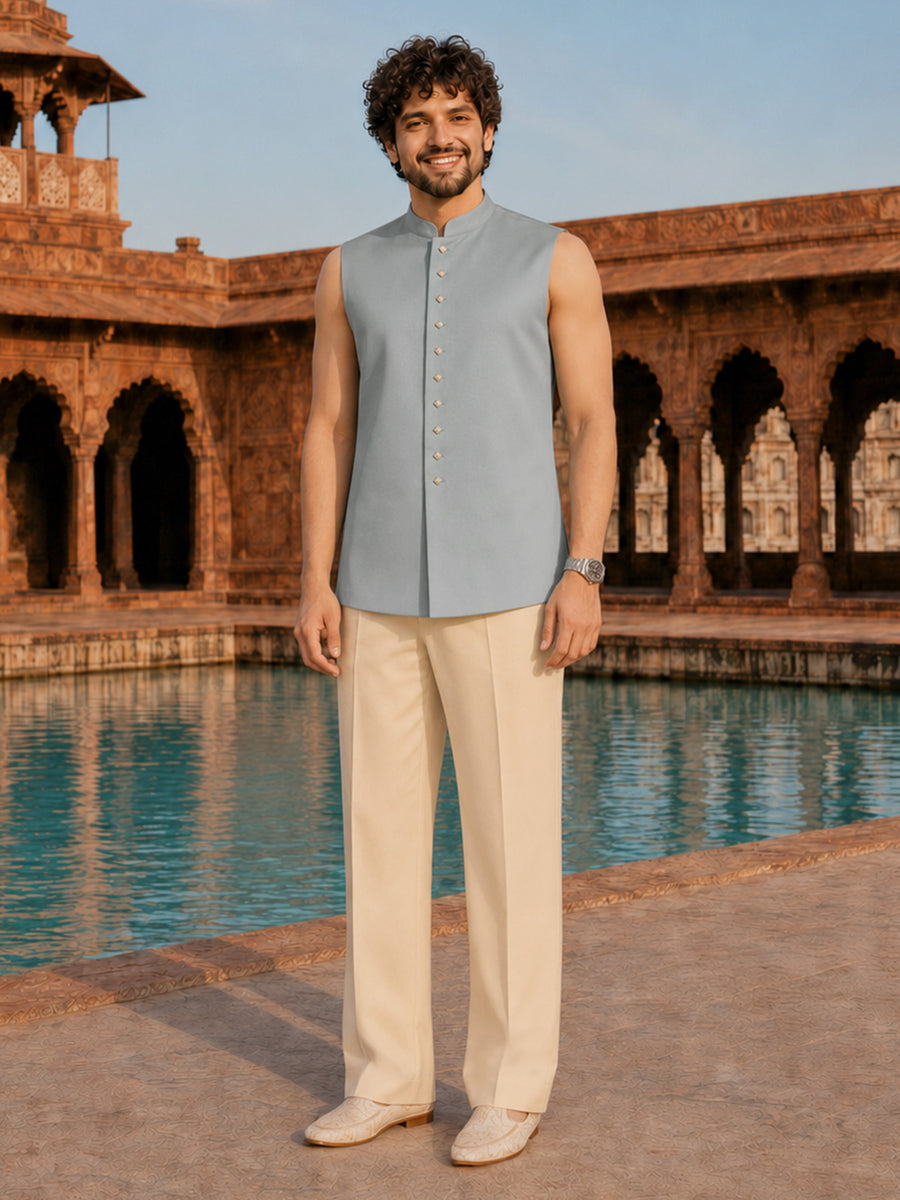 Men Aqua Embroidered Zari Work Waist Length Wide Leg Pant Sherwani Set