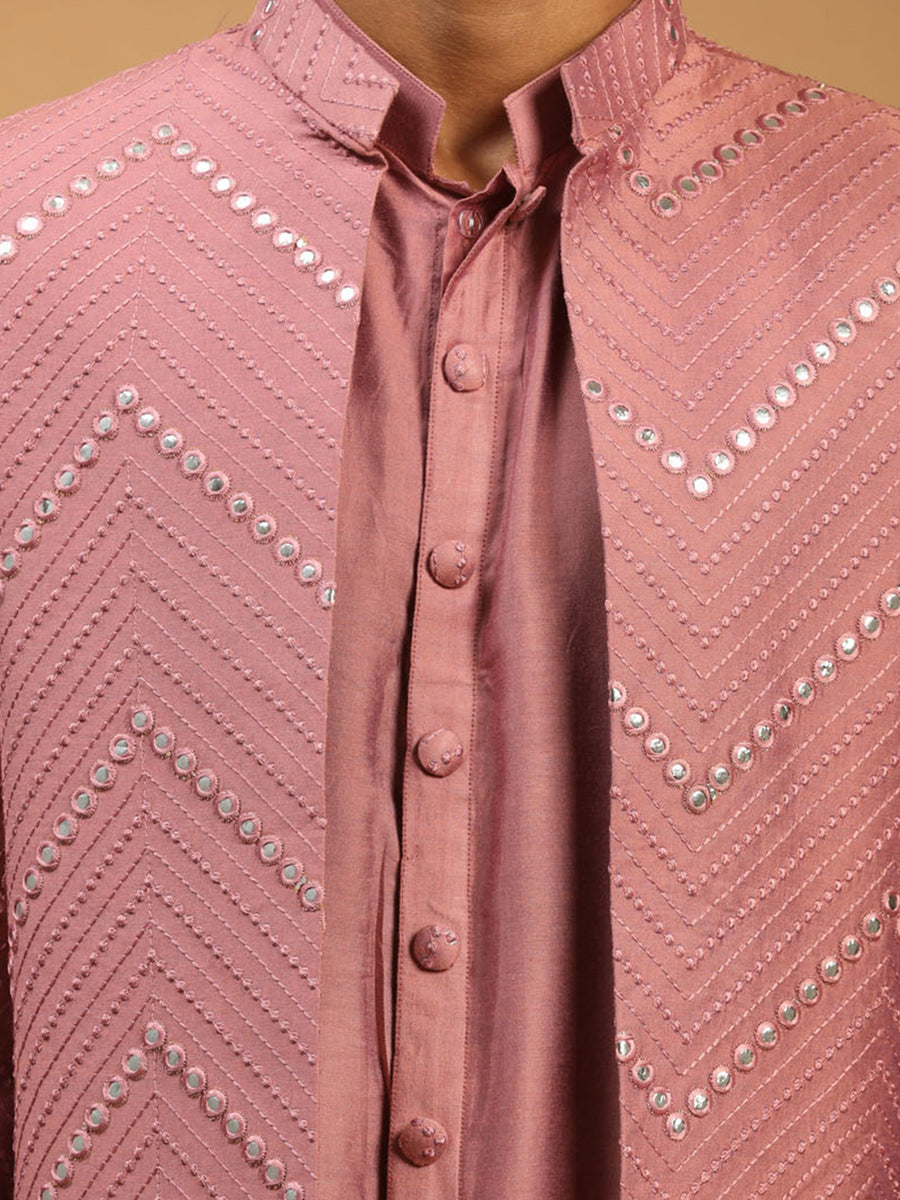 Men Onion Pink Mirror Work Silk Blend Indo-Western Kurta with Cream Churidar Set