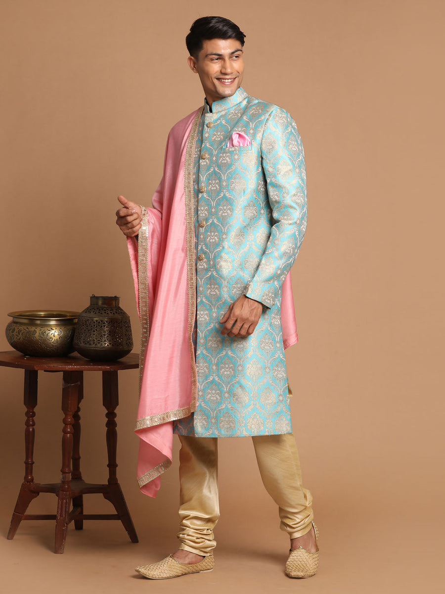 Men's Sea Green And Gold Brocade Jacquard Sherwani Set With Pink Dupatta