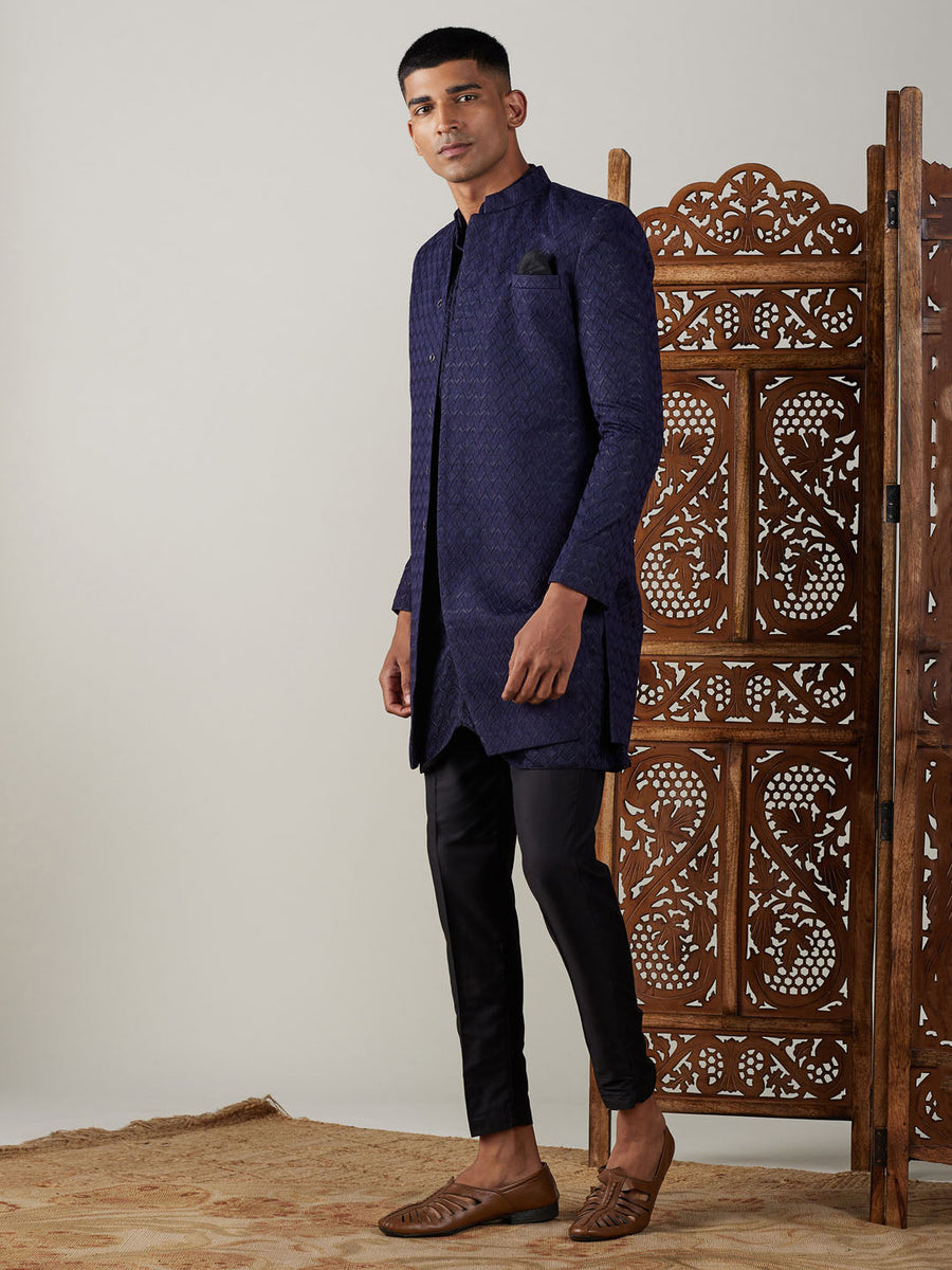 Men's Navy Blue Jacquard Indo With Kurta Pant Set