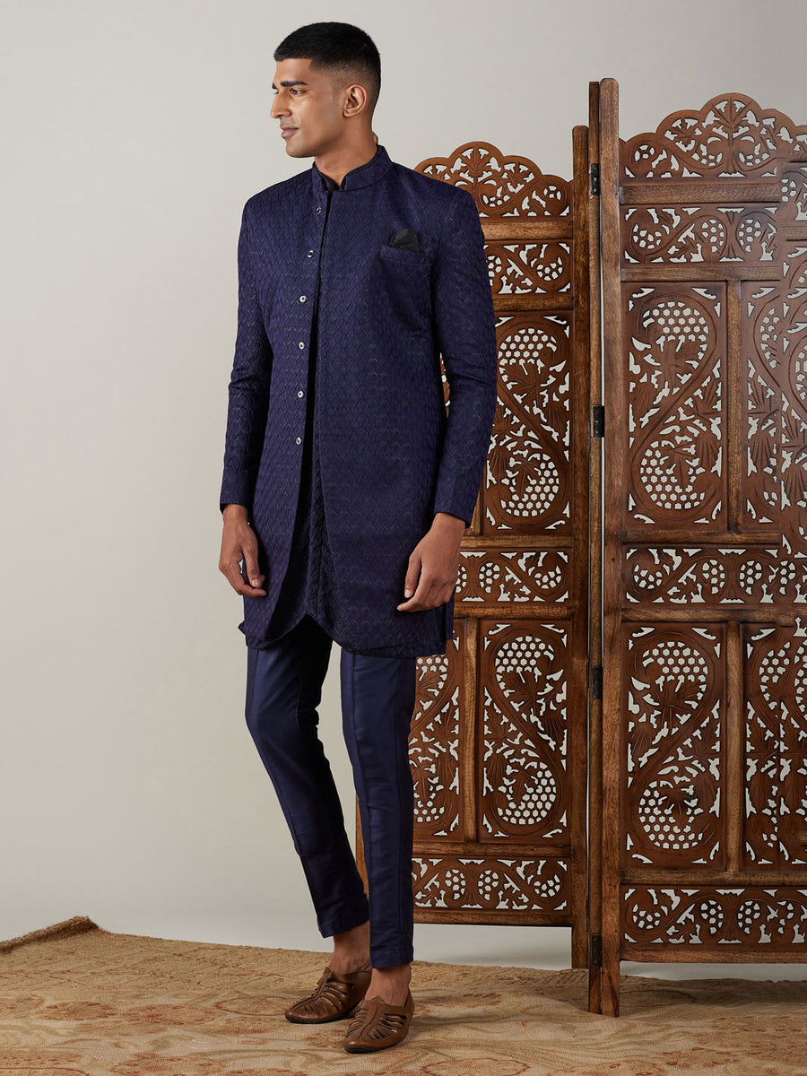Men's Navy Blue Jacquard Sherwani With Kurta Pant Set