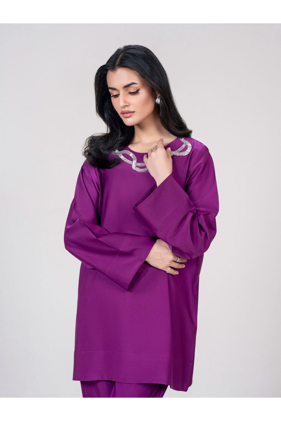 Plum Viscose 2-Piece Kurti Set | Zardosi Neckline