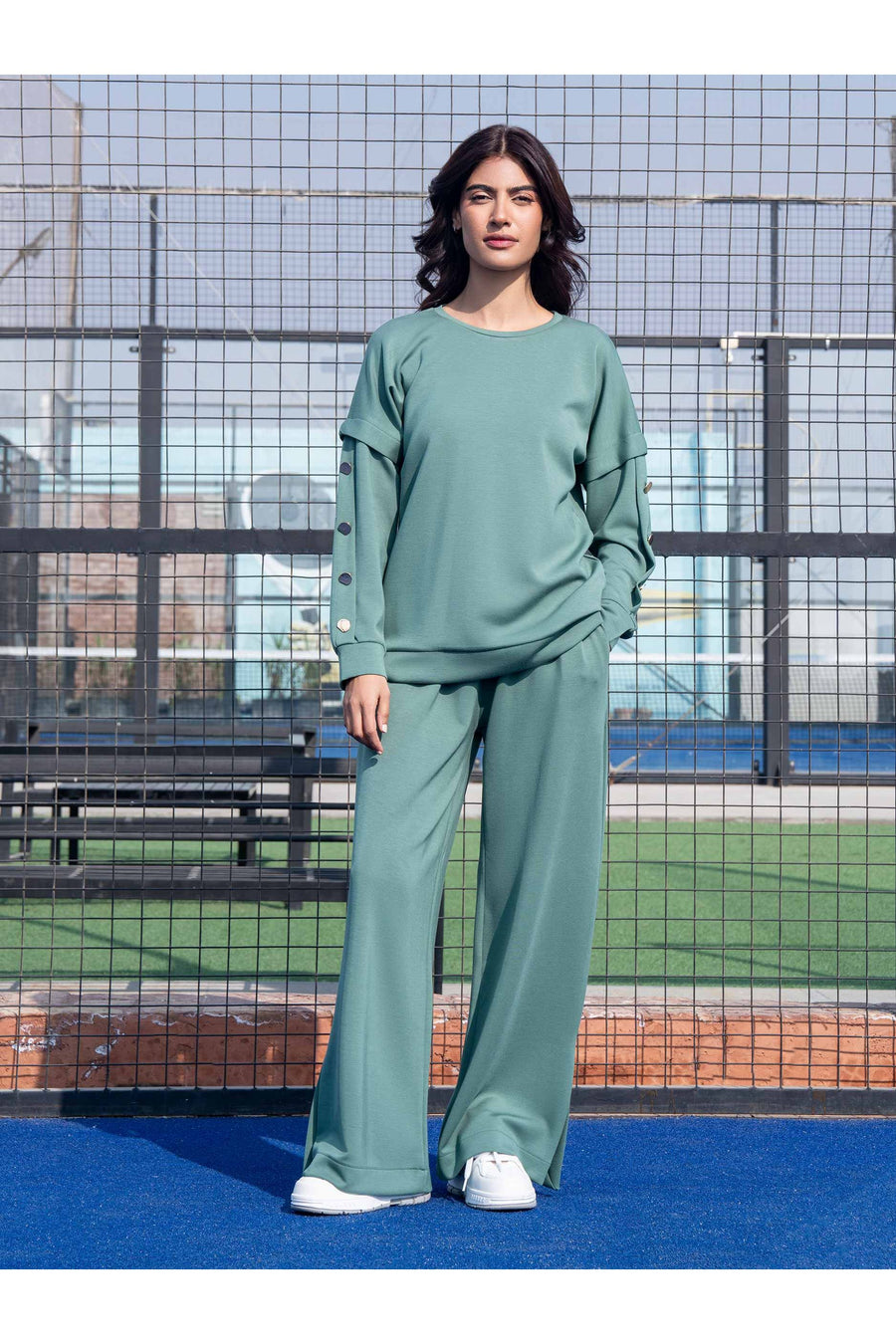 Sage Green Jersey 2-Piece Co-Ord Set | Button Detail Sleeves