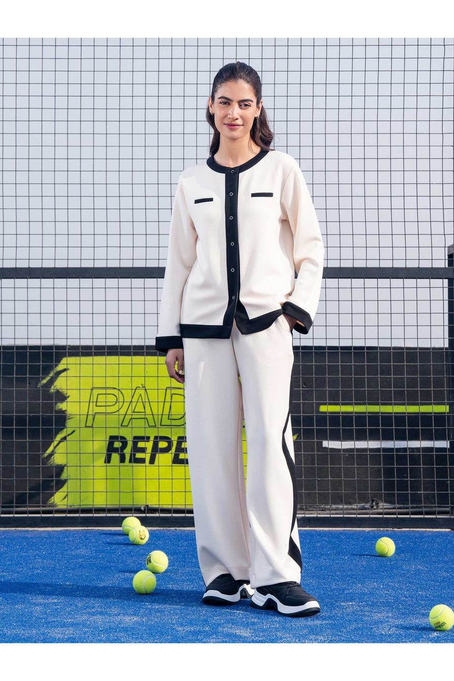 Off-White Jersey Knit 2-Piece Co-ord Set | Color-Block Button