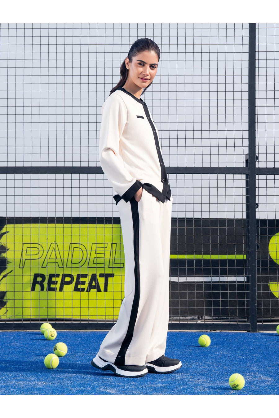 Off-White Jersey Knit 2-Piece Co-ord Set | Color-Block Button