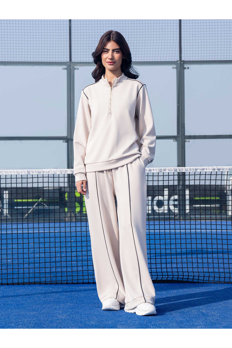 Ivory Jersey Knit 2-Piece Co-Ord Set | Zip Collar
