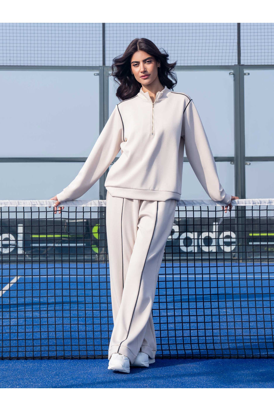 Ivory Jersey Knit 2-Piece Co-Ord Set | Zip Collar