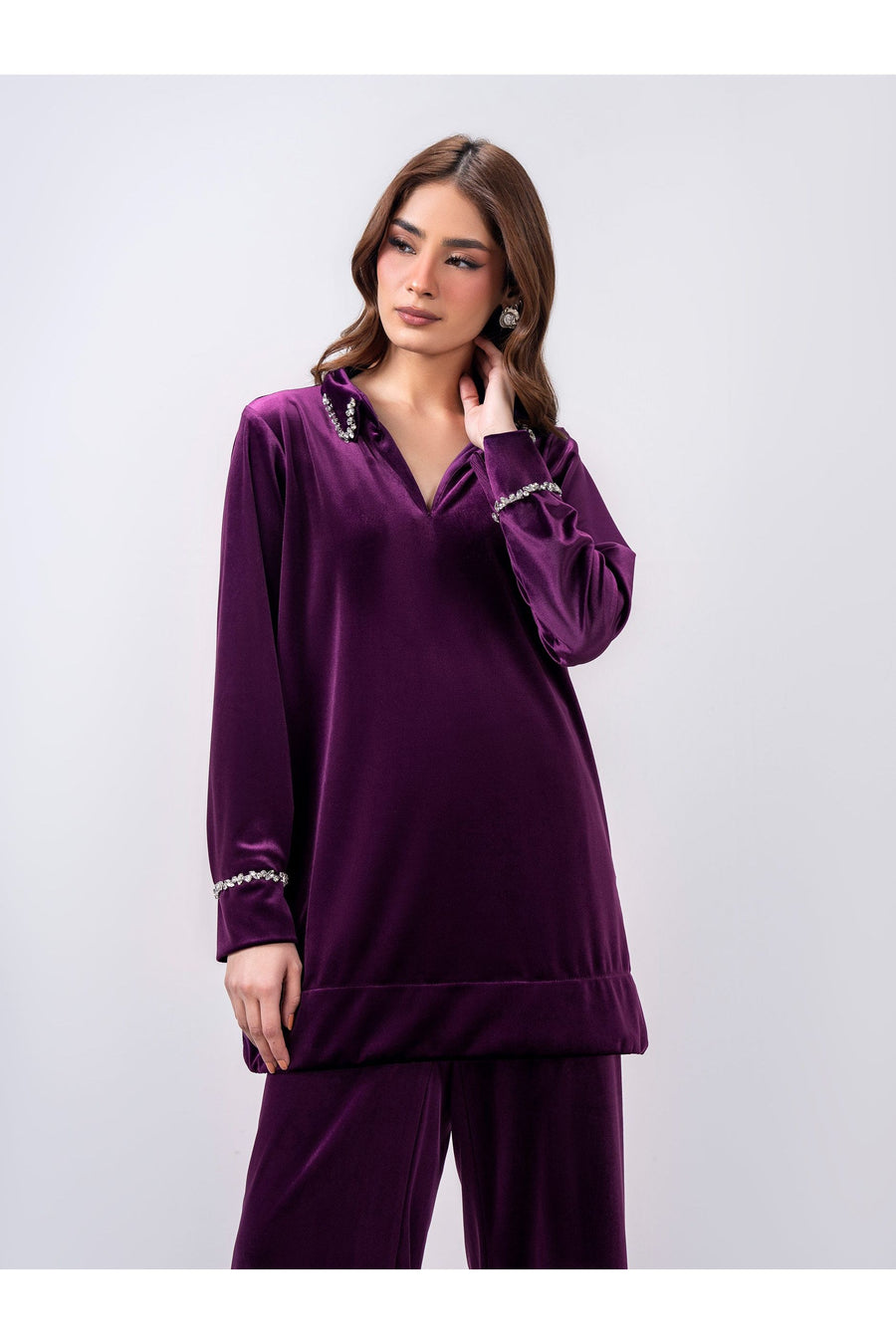 Plum Velvet 2-Piece Suit | Stone-Embellished Collar