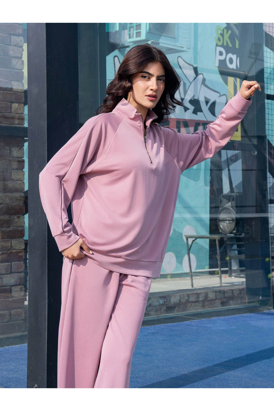 Dusty Rose Jersey Knit 2-Piece Co-ord | Zip Collar Top