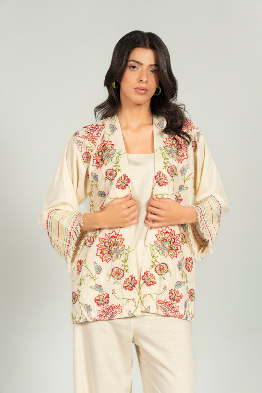 Ivory Viscose 2-Piece Culotte Set | Resham Floral Embroidery