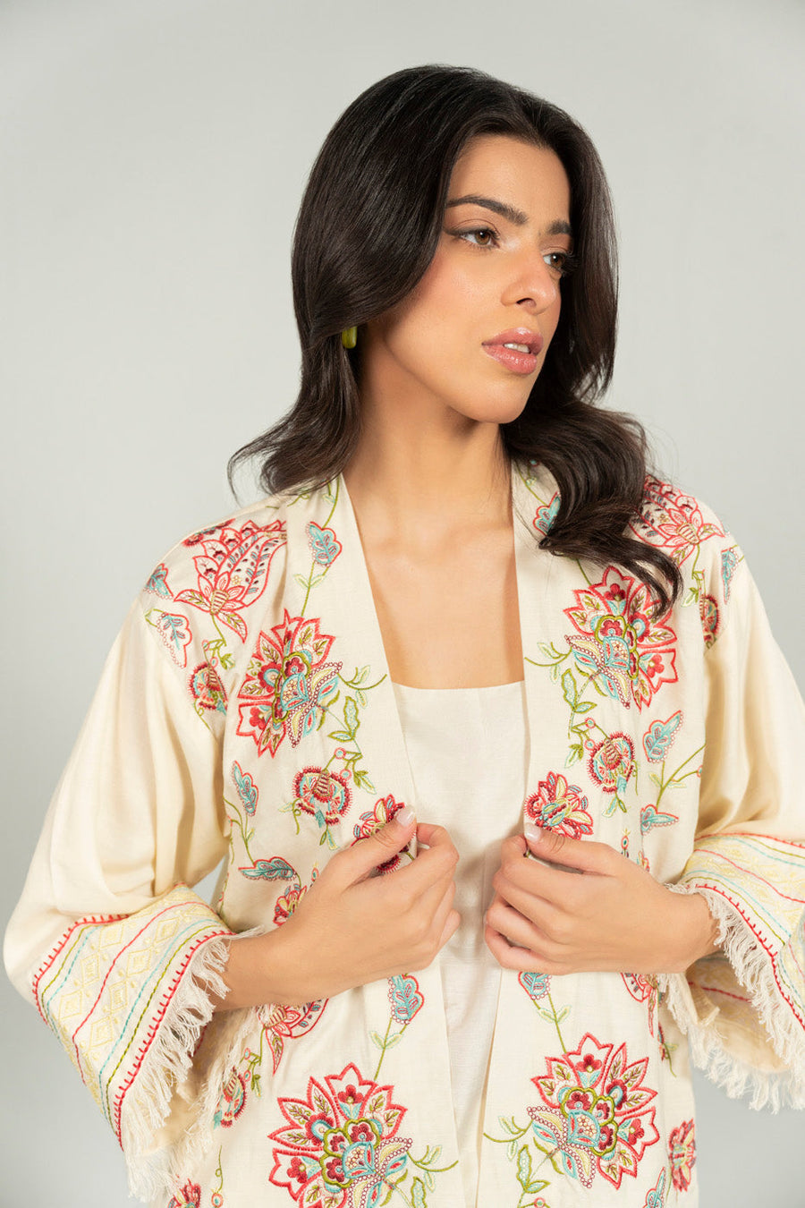 Ivory Viscose 2-Piece Culotte Set | Resham Floral Embroidery