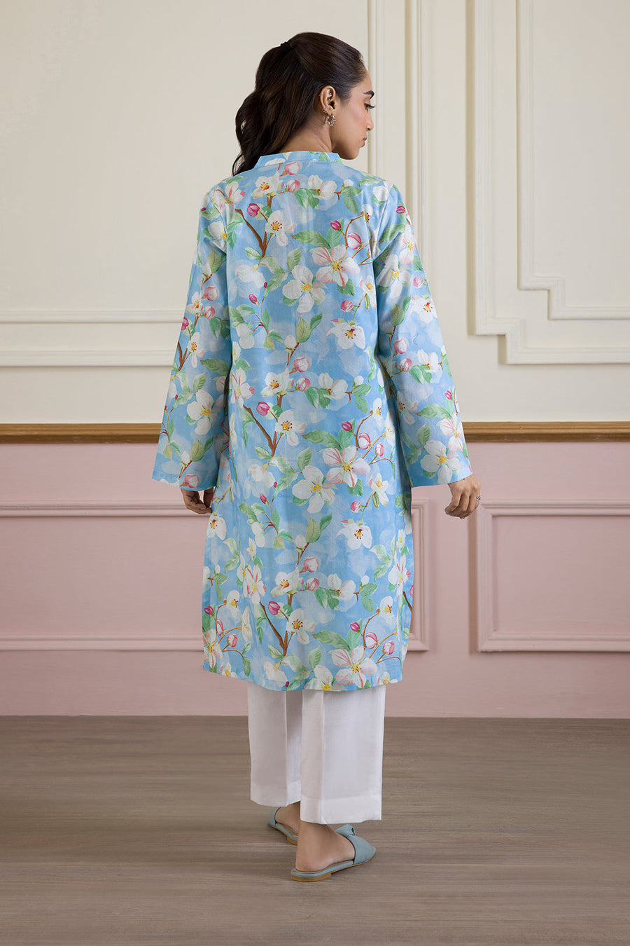 Sky Blue Cotton Kurta | Floral Print Lightweight