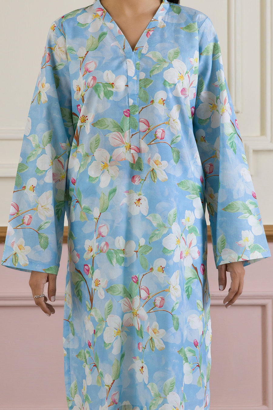 Sky Blue Cotton Kurta | Floral Print Lightweight
