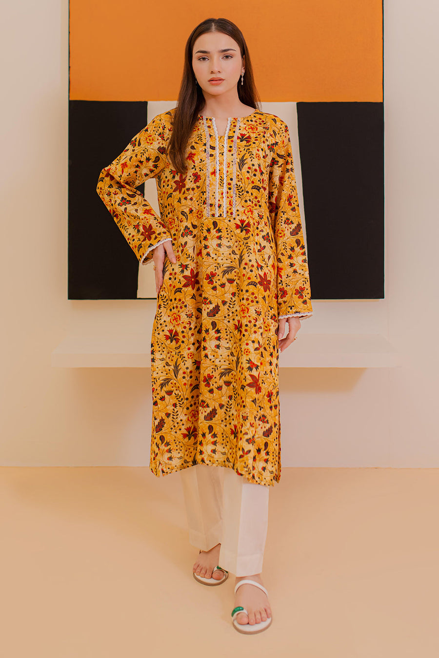 Mustard Khaddar 3-Piece Kurta | Floral Print with Lace Trim