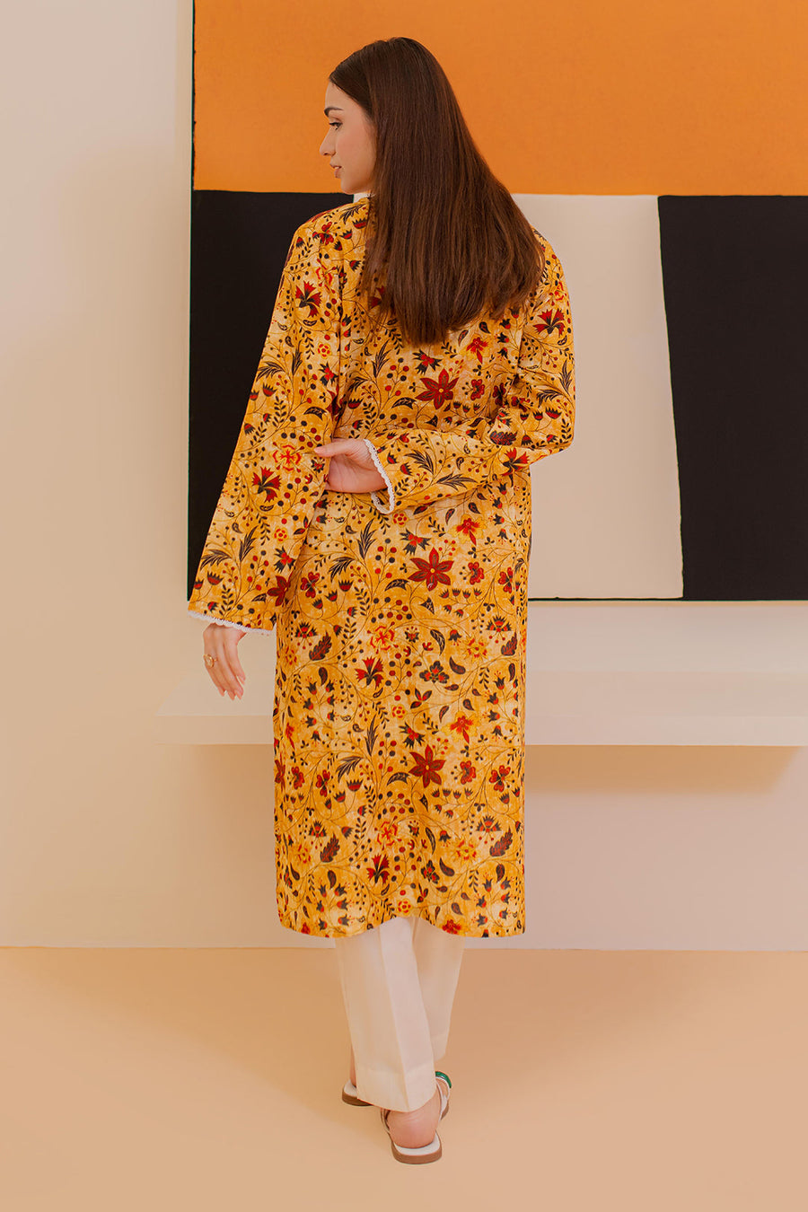 Mustard Khaddar 3-Piece Kurta | Floral Print with Lace Trim