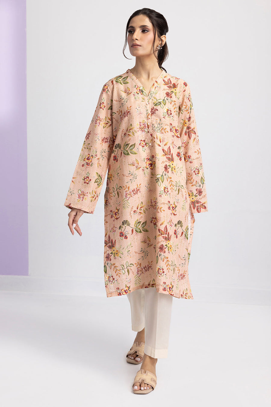 Tea Pink Linen 1-Piece Kurta | Floral Print