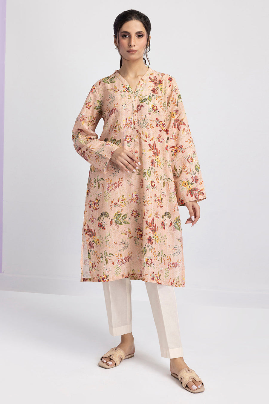 Tea Pink Linen 1-Piece Kurta | Floral Print