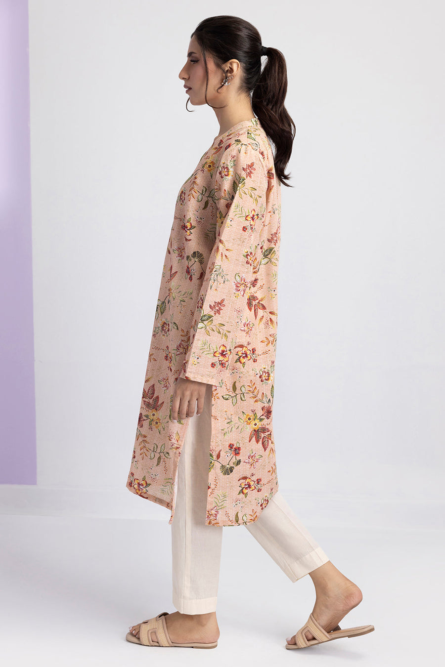 Tea Pink Linen 1-Piece Kurta | Floral Print
