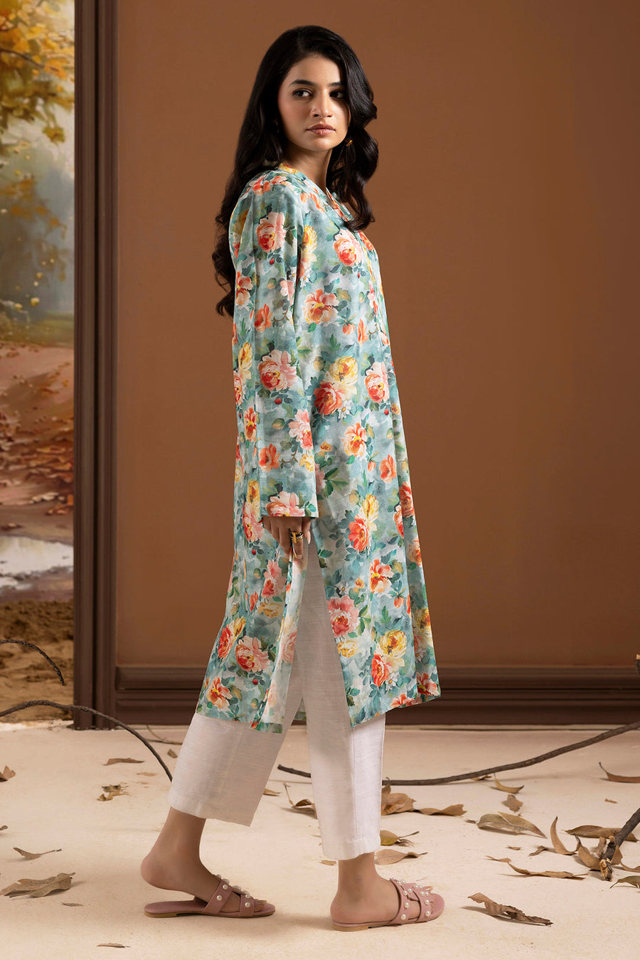 Sage Green Khaddar 1-Piece Kurta | Floral Print