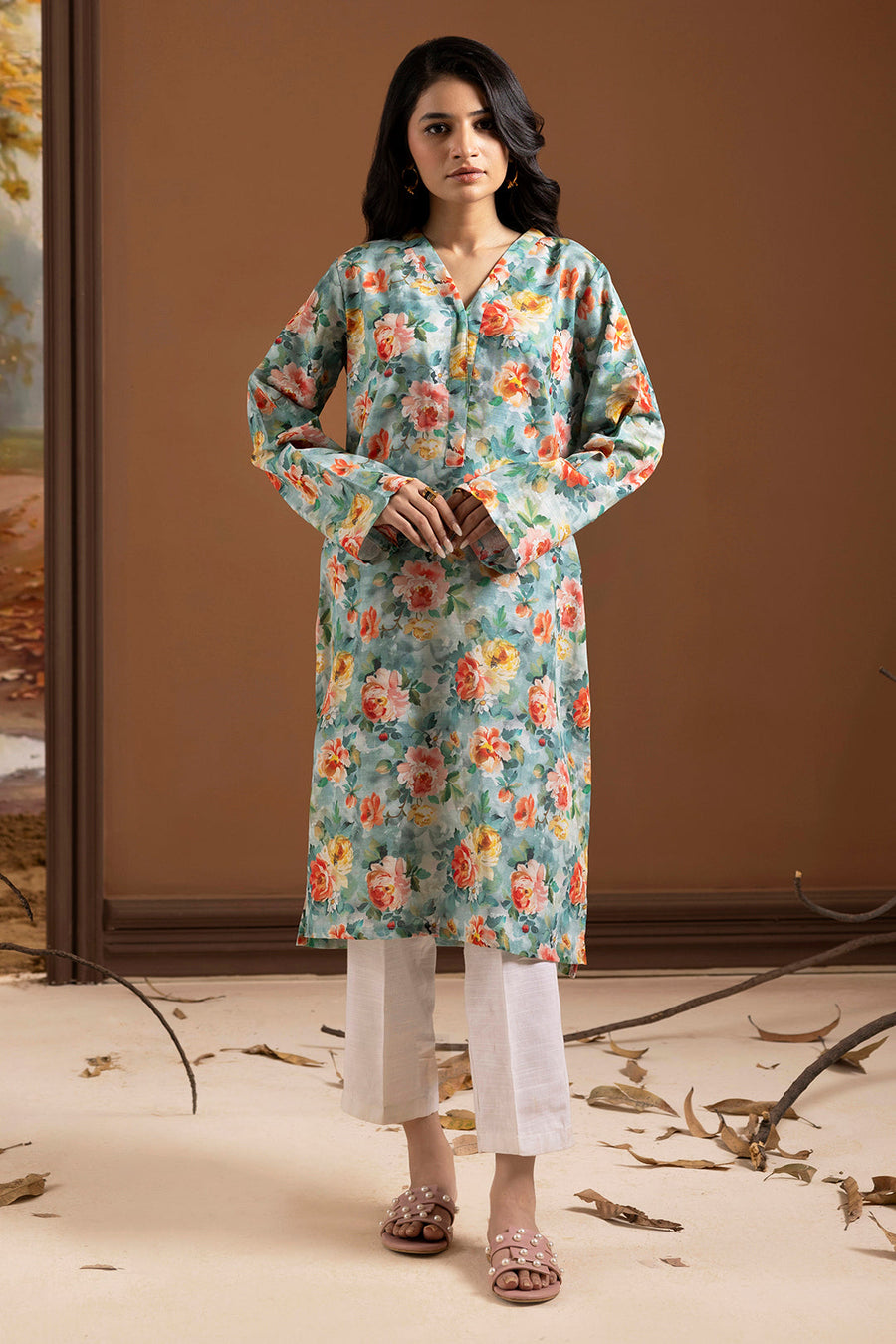 Sage Green Khaddar 1-Piece Kurta | Floral Print