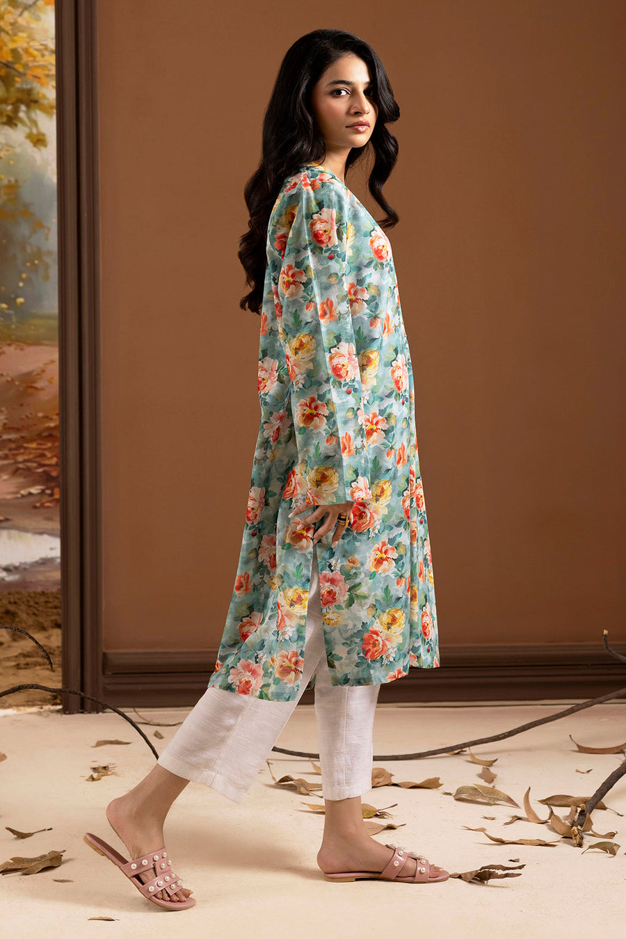 Sage Green Khaddar 1-Piece Kurta | Floral Print