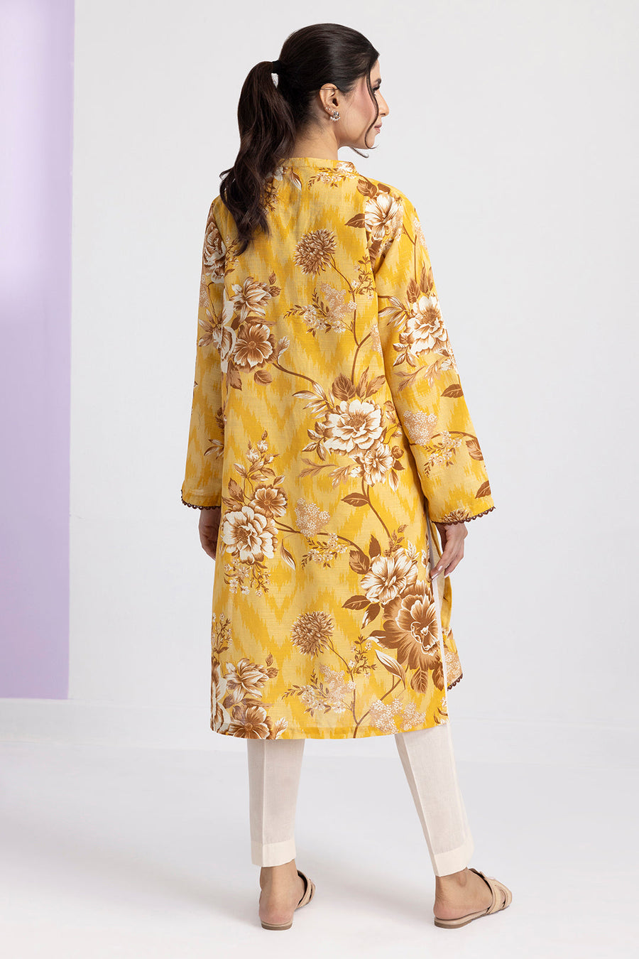 Mustard Khaddar 1-Piece Kurti | Floral Print