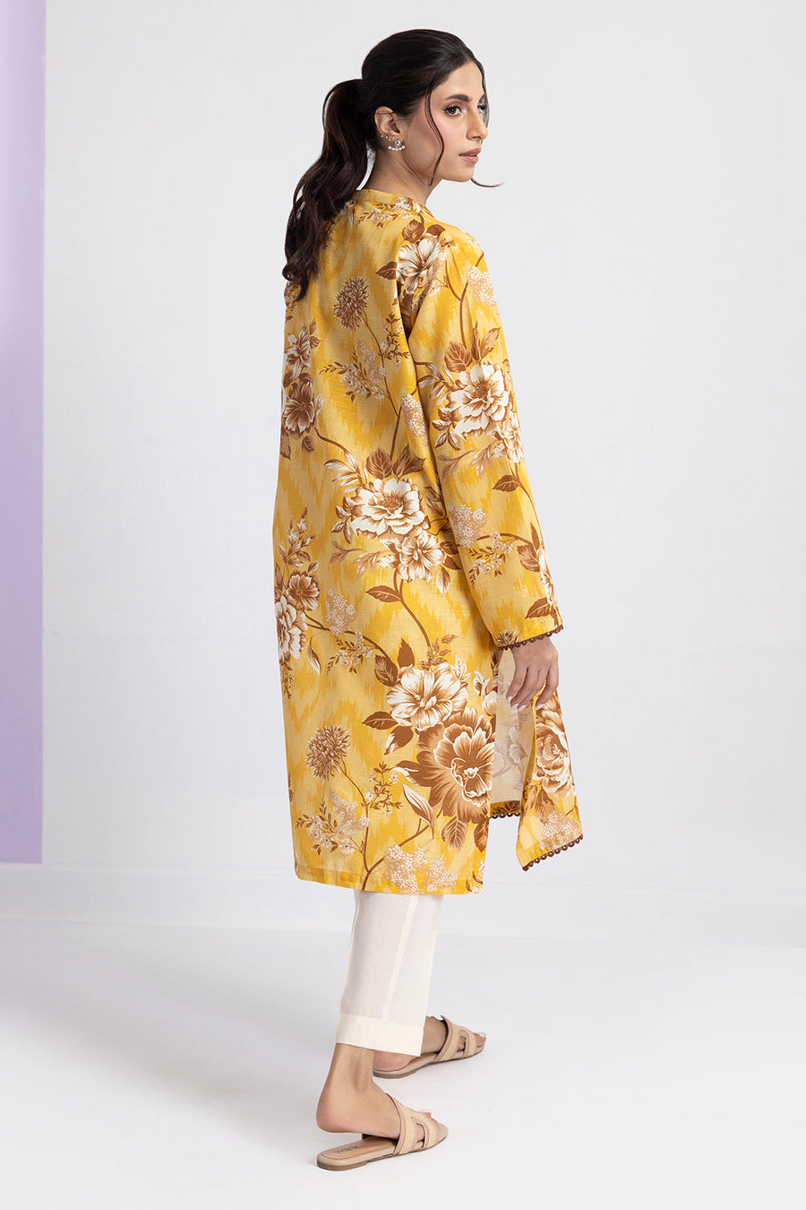 Mustard Khaddar 1-Piece Kurti | Floral Print