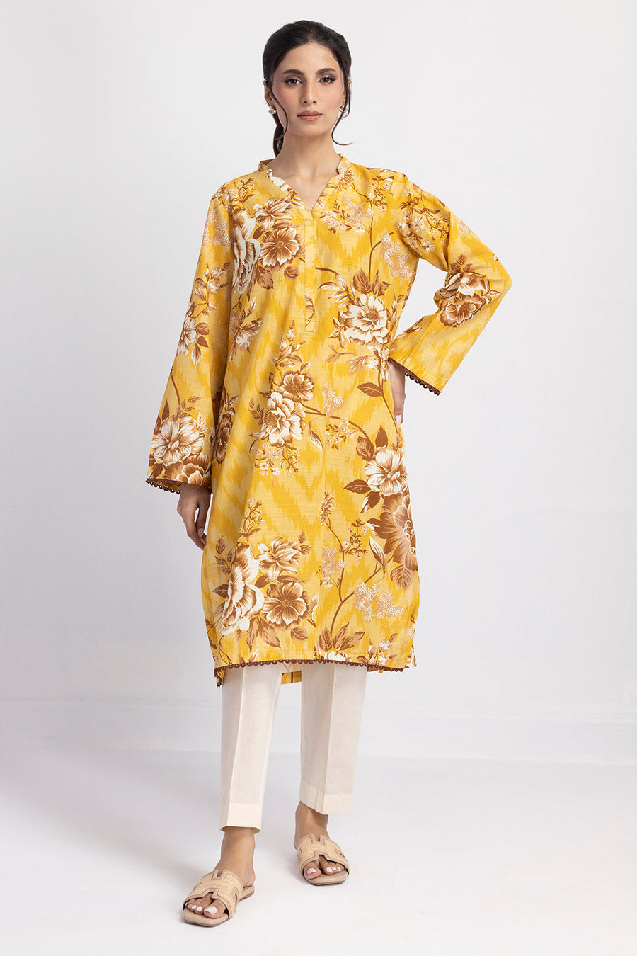 Mustard Khaddar 1-Piece Kurti | Floral Print